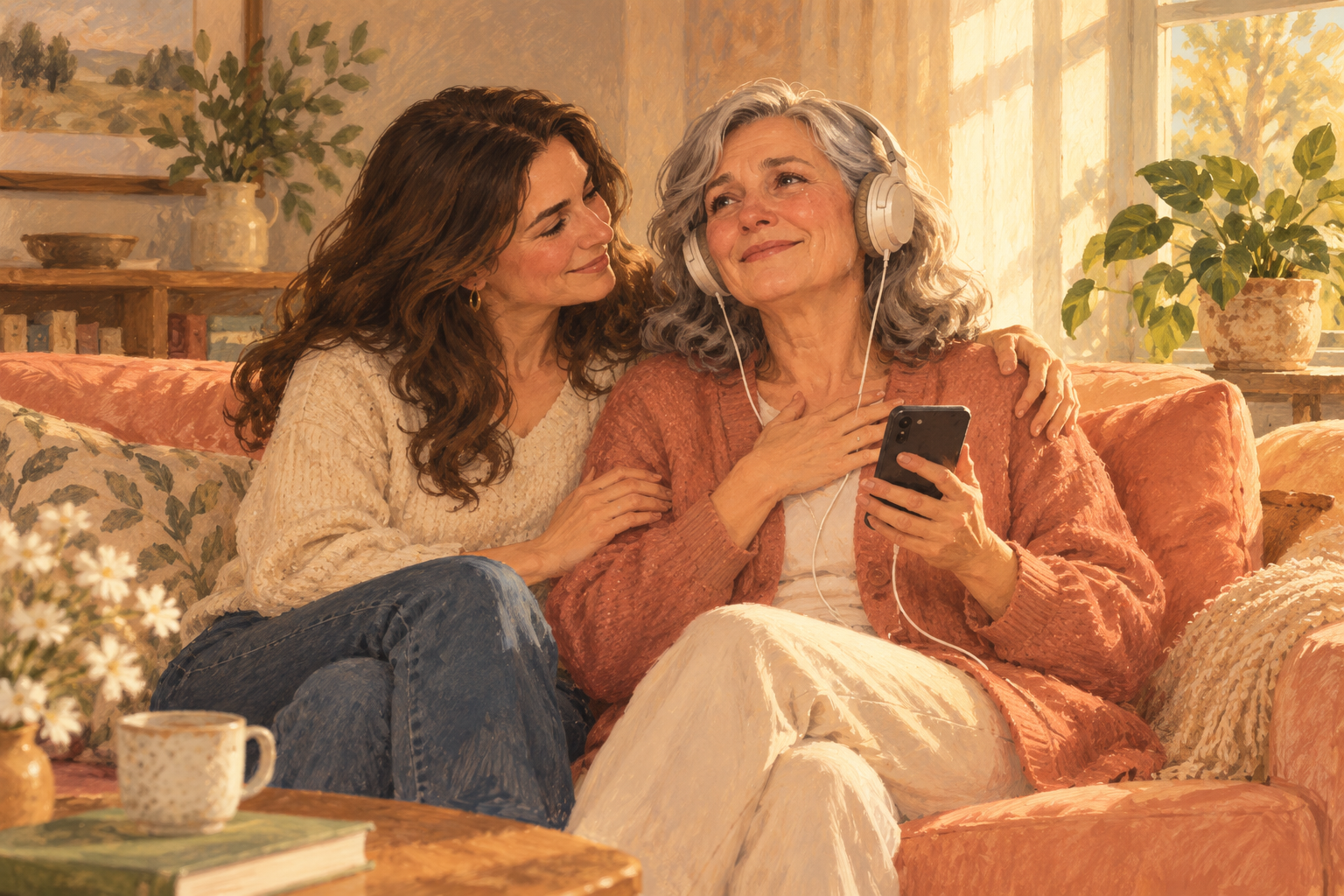 Illustrated scene of a mother listening to a song on headphones, smiling with a happy tear as her adult daughter sits beside her.
